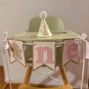 1st birthday decor bundle (Pink Gingham + Gingerbread)